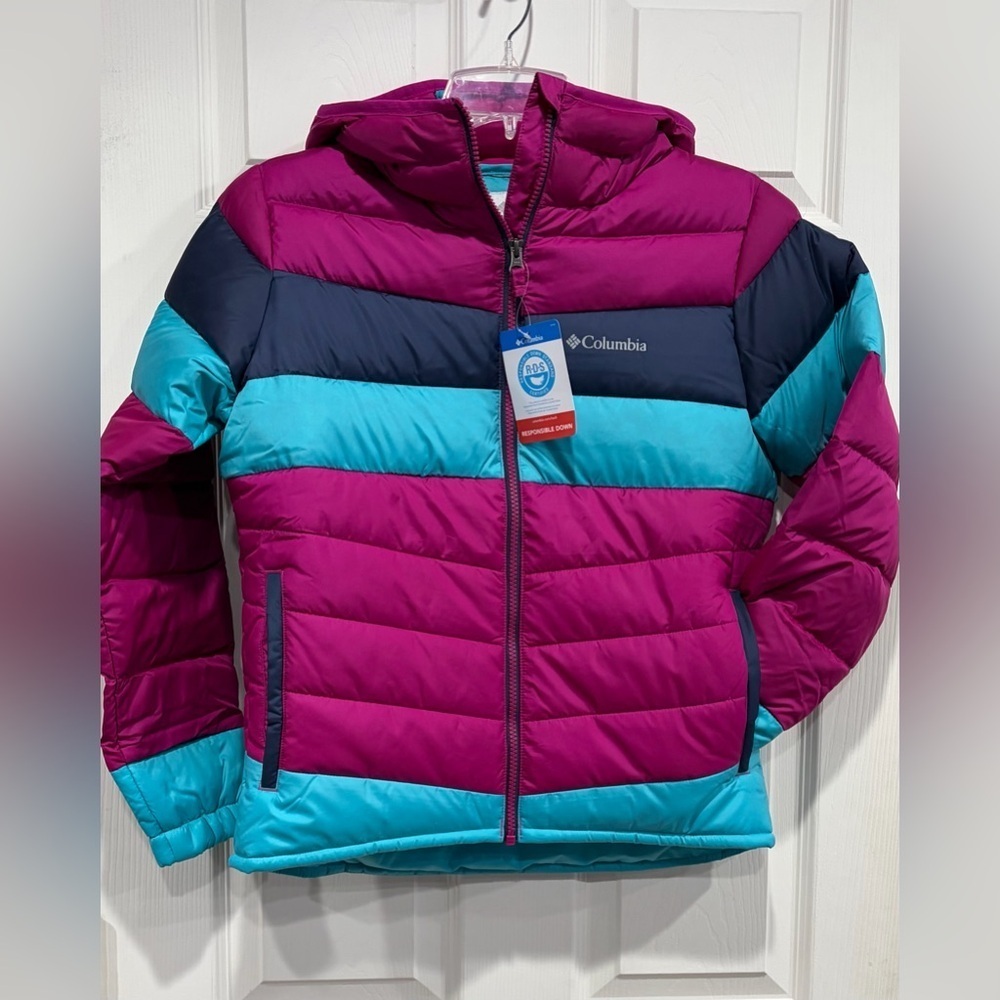 Columbia Girl's Large Tumble Rock Down Hooded Jacket NWT Pink Blue Puffer Ski